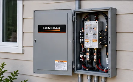 Open automatic transfer switch mounted on the exterior wall of a home