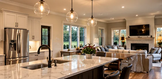 Open kitchen and living room with the lights, refrigerator and TV all on