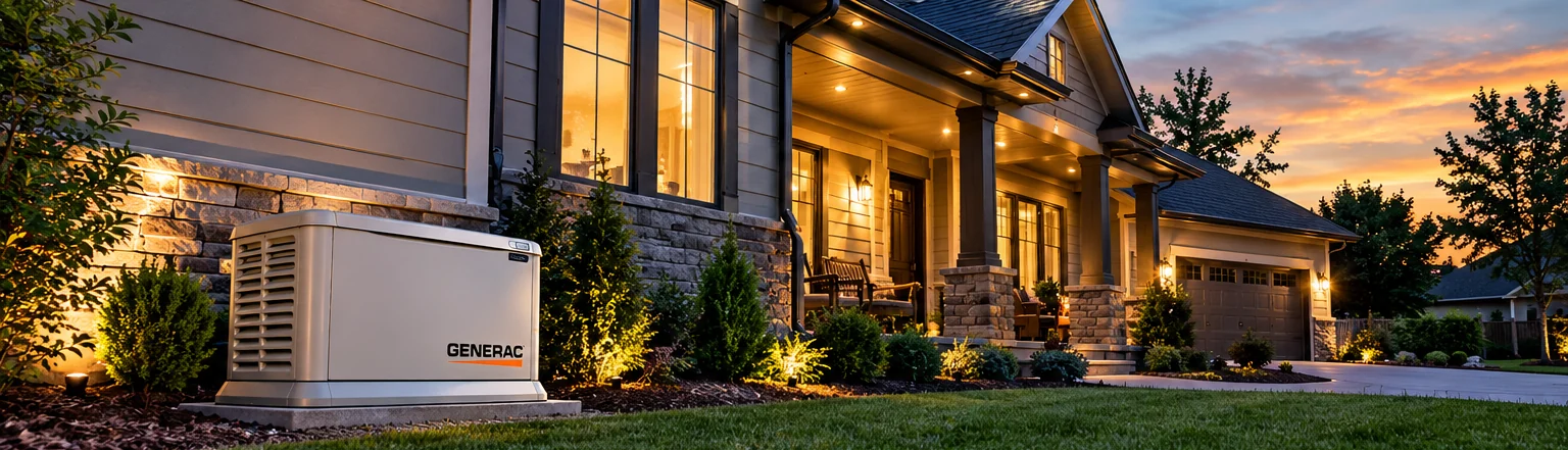 Home glowing with interior and porch lights at dusk, with a standby generator beside the house